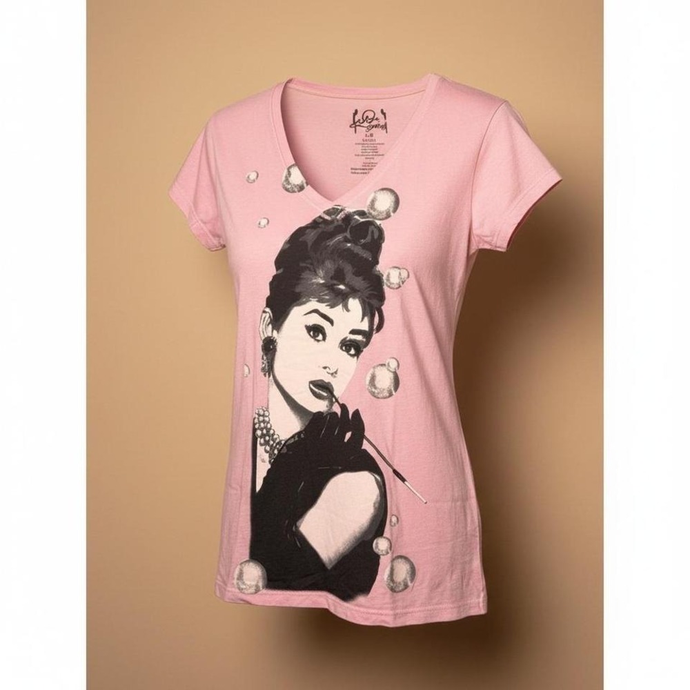 Hollywood Legend Audrey Hepburn Pink V-Neck Graphic Tee Size L NWOT
